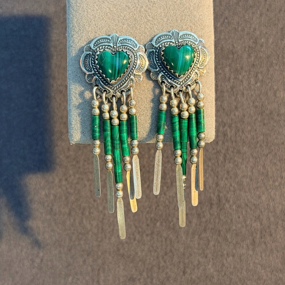 Vintage 925 Sterling Silver Malachite Heart Fringe Dangle Earrings Native Navajo - Picture 6 of 8